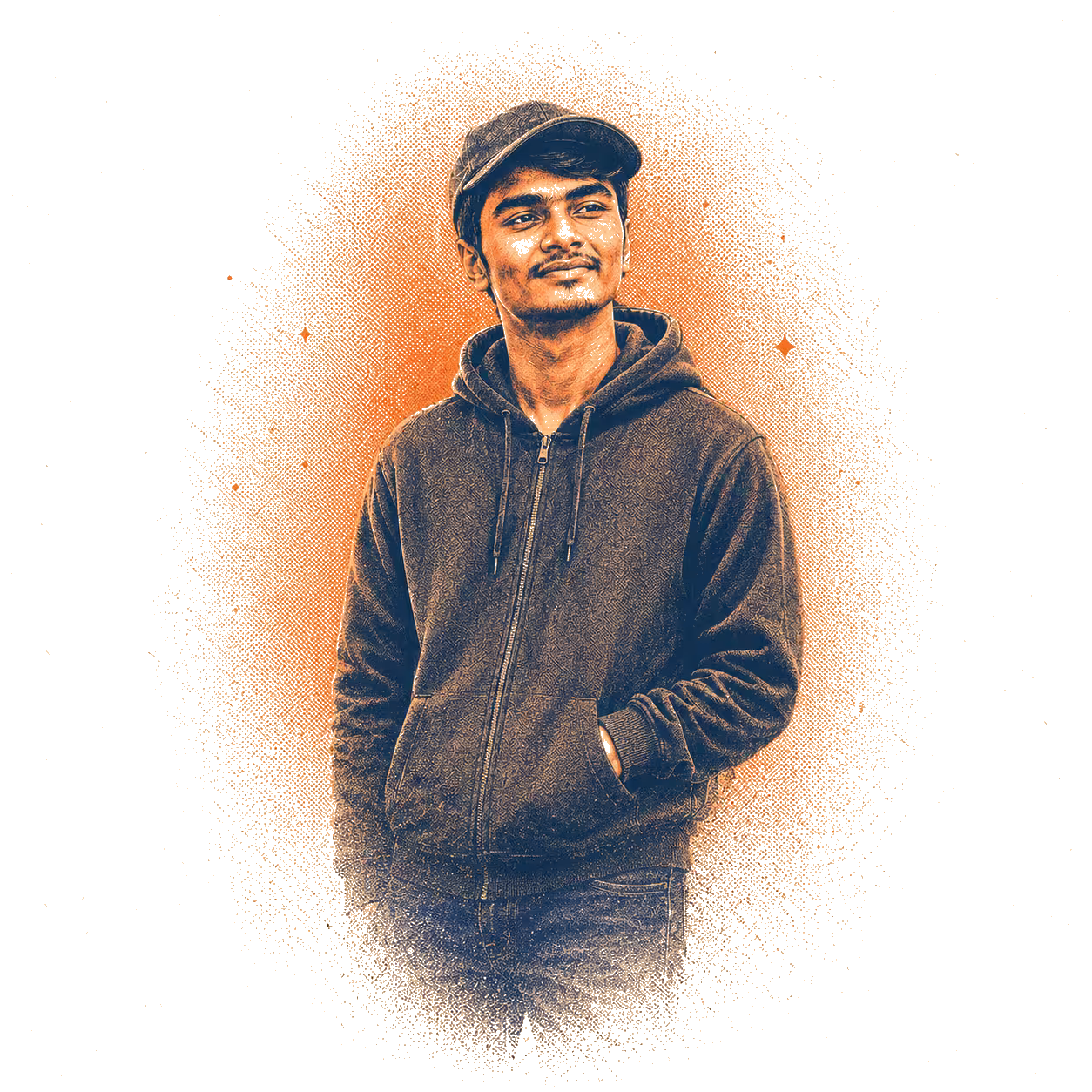 Risograph portrait of Salman with warm halftone texture.