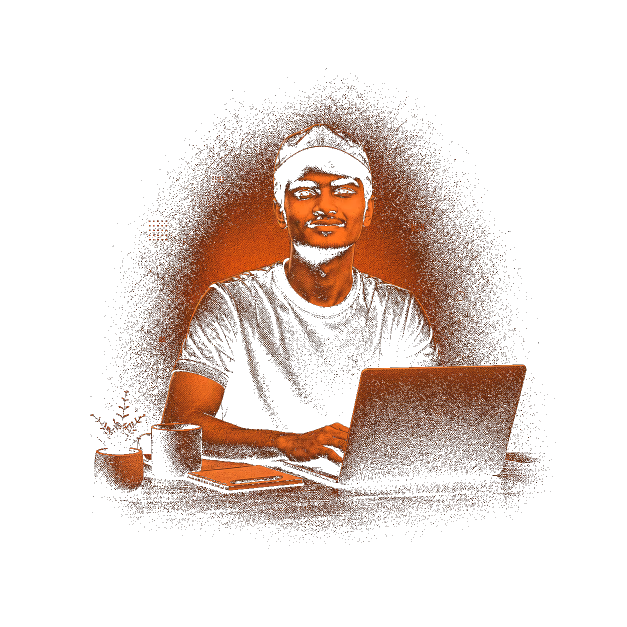 Risograph illustration of Salman working at a laptop.